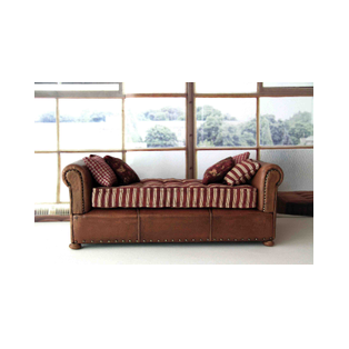 1:12 scale miniature sofa/bed upholstered in leather with a cotton fabric mattress and matching cushions. Brass tacks and wooden frame.<br />A one-of-a-kind piece for dollhouses and collectors, crafted by miniature artisan Desirée Lafuente.