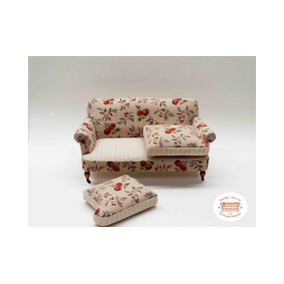 1:12 scale miniature sofa upholstered with patterned cotton fabric.<br /><br />A one-of-a-kind piece for dollhouses and collectors, crafted by miniature artist Desirée Lafuente.