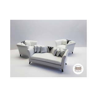Conjunto de sofá y dos butacas en miniatura escala 1:12 tapizados en piel de color blanco y negro con varios cojines de piel. Esilo Art Deco.<br />Pieza única para casas de muñecas y coleccionistas realizado por la artesana miniaturista Desirée Lafuente.